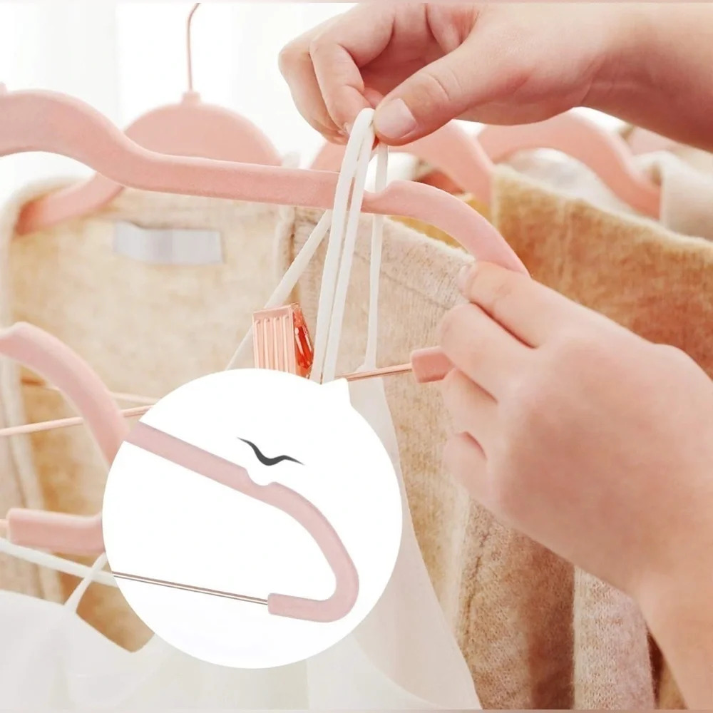 24 Pack Non Slip Space-Saving Hangers w/ Rose Hold Clips & Hooks, Light Pink